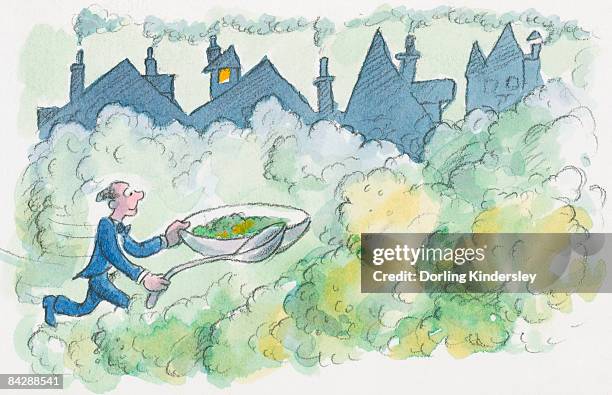 cartoon of man running on yellowish-green smog caused by smoke from chimneys, holding over-sized bowl of pea soup and spoon - green pea soup stock illustrations