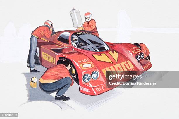 illustration of team working on racecar during pit stop - pit stop stock illustrations