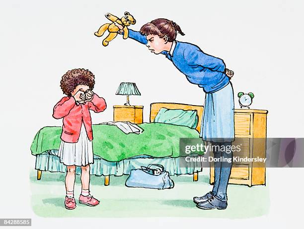 illustration of sneering teenage girl teasing crying sister by holding teddy bear above her head - sisters standing bed stock illustrations