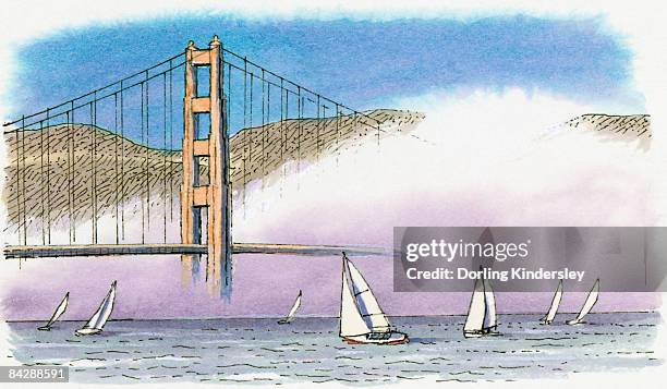 ilustrações, clipart, desenhos animados e ícones de illustration of sailing boats and golden mist on san francisco's golden gate bridge often wrapped in mist because warm california air is chilled by cold sea currents - golden gate bridge