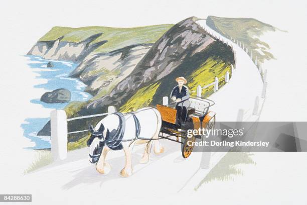 illustration of horse and cart on coastal road above cliffs - two lanes to one stock illustrations