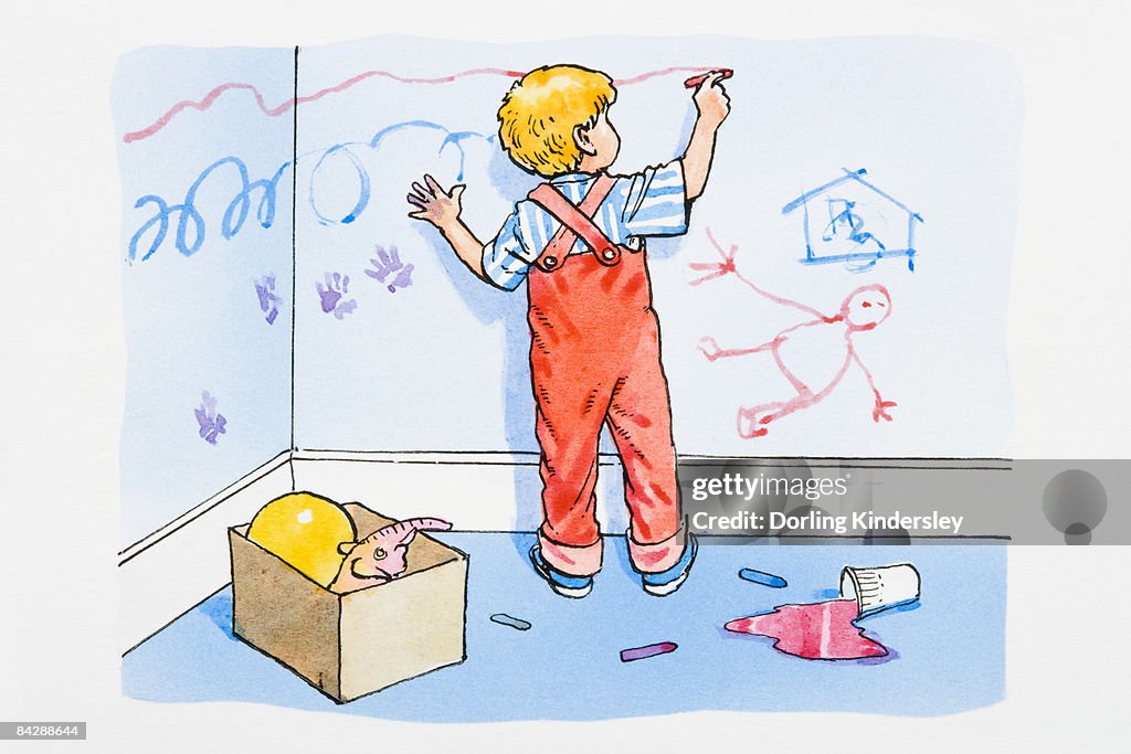 Illustration of boy in messy room scribbling on wall with red crayon, and pink paint spilled on floor behind