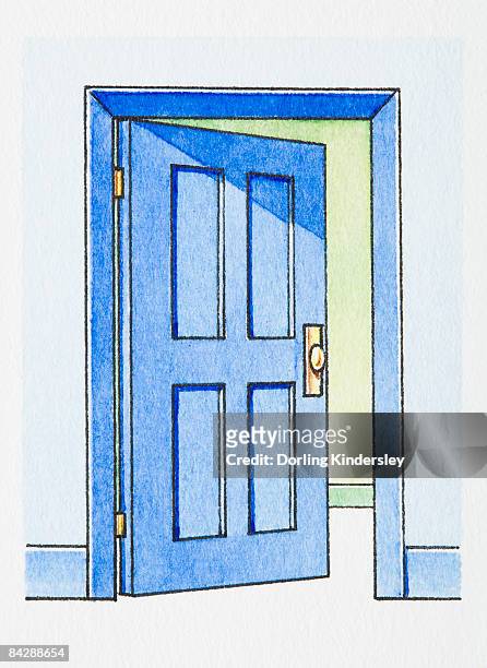 illustration of ajar blue door in house - door ajar stock illustrations