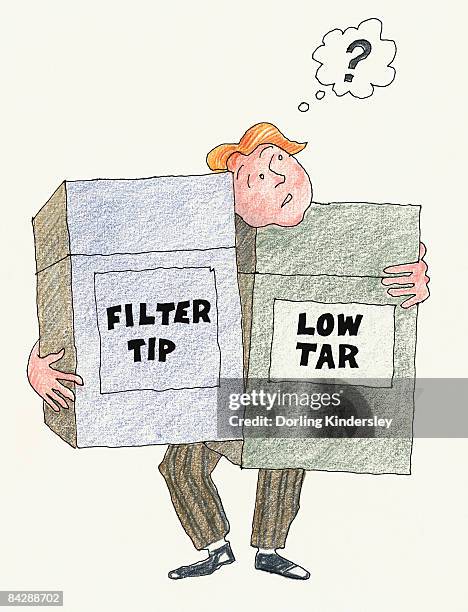 illustration of man with question mark above head holding two oversized filter tip and low tar cigarette packs - looking up thinking stock illustrations
