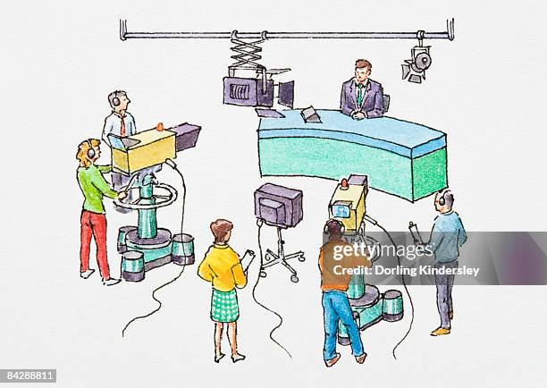 illustration of newscaster sitting in front of cameras in television studio - behind the scene stock illustrations