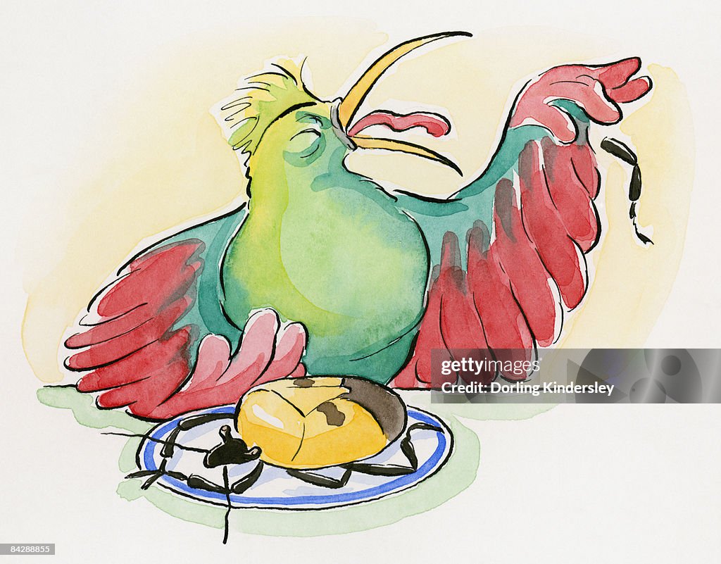 Cartoon of dead Shield bug on plate and chicken grimacing as it spits out a leg of the insect which produces a disgusting tasting liquid and unpleasant smell