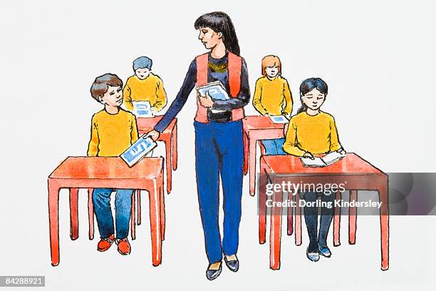 ilustraciones, imágenes clip art, dibujos animados e iconos de stock de illustration of teacher giving books to elementary students sitting at desks in classroom - teacher desk