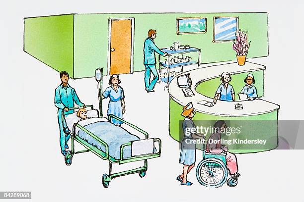 illustration of nurse work station, porter pushing patient in bed, nurse wheeling patient in wheelchair, porter pushing food trolley in busy hospital - man lying on back stock illustrations