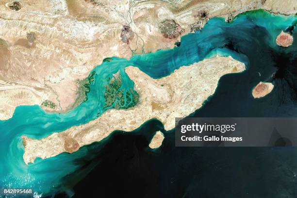 Satellite image of Qeshm Island, recognised as a UNESCO World Heritage site, located just off the southern coast of Iran in the Strait of Hormuz....