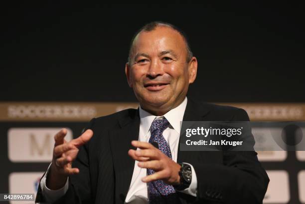 Eddie Jones, England Rugby Union Head Coach talks during day 2 of the Soccerex Global Convention at Manchester Central Convention Complex on...