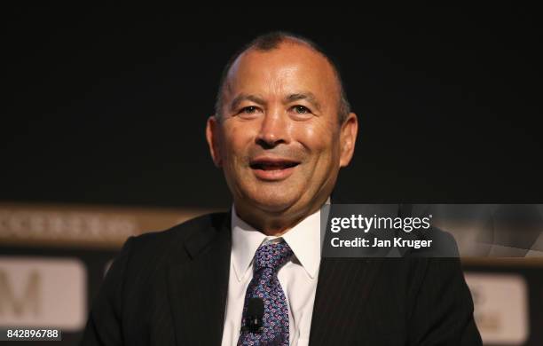 Eddie Jones, England Rugby Union Head Coach talks during day 2 of the Soccerex Global Convention at Manchester Central Convention Complex on...