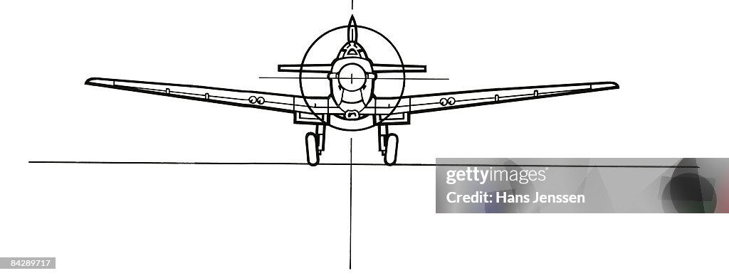 Black and white illustration of Spitfire aeroplane with front view of wings