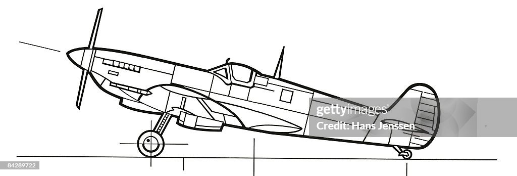 Black and white illustration of Spitfire aeroplane