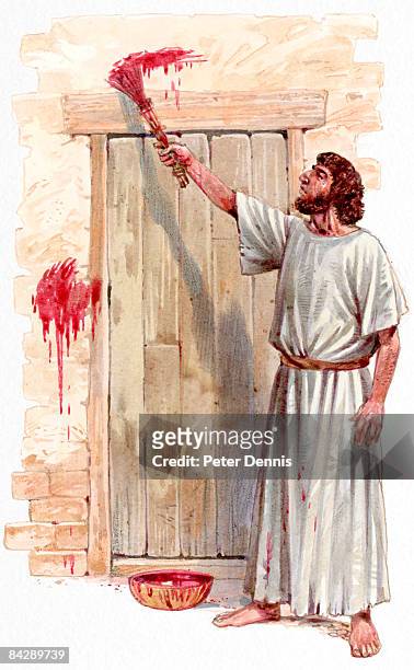 illustration of israelite man painting blood of passover lamb on wooden door post - passover lamb stock illustrations