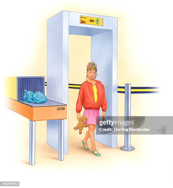 ilustraciones, imágenes clip art, dibujos animados e iconos de stock de illustration of girl walking through metal detector holding teddy bear - security scanner