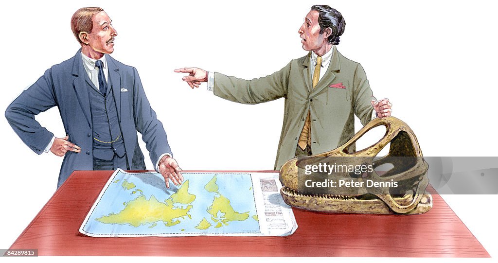 Illustration of paleontologist Werner Janensch pointing at geologist Alfred Wegener as they discuss location on map next to large dinosaur skull on table