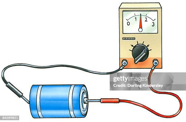 illustration of voltmeter attached to battery, showing electromotive force on dial - voltmeter stock illustrations