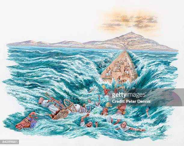 illustration the red sea covering the chariots and horsemen of pharaoh's army after parting for moses and the hebrews  - religiöse darstellung stock-grafiken, -clipart, -cartoons und -symbole