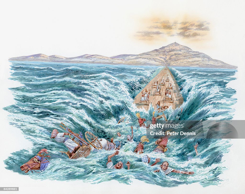 Illustration the Red Sea covering the chariots and horsemen of Pharaoh's army after parting for Moses and the Hebrews