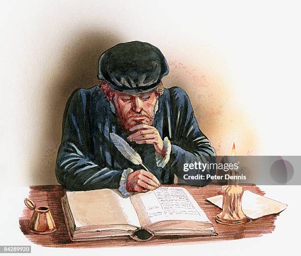 ilustraciones, imágenes clip art, dibujos animados e iconos de stock de illustration of christopher columbus writing by candlelight in journal using quill - alrededor del siglo xv