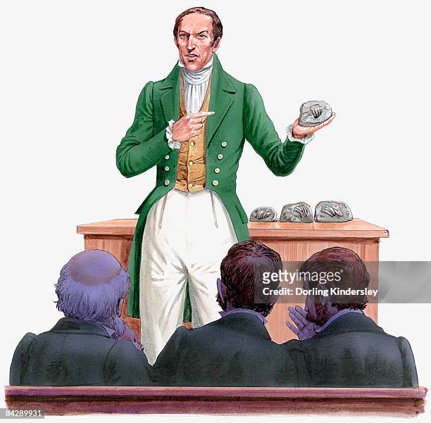 illustration of 19th century paleontologist gideon mantell standing in front of audience, holding and pointing at fossil of iguanodon tooth - glatzenbildung stock-grafiken, -clipart, -cartoons und -symbole