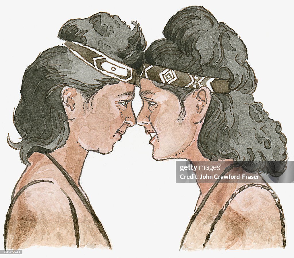 Illustration of two Maori women touching noses in Hongi greeting