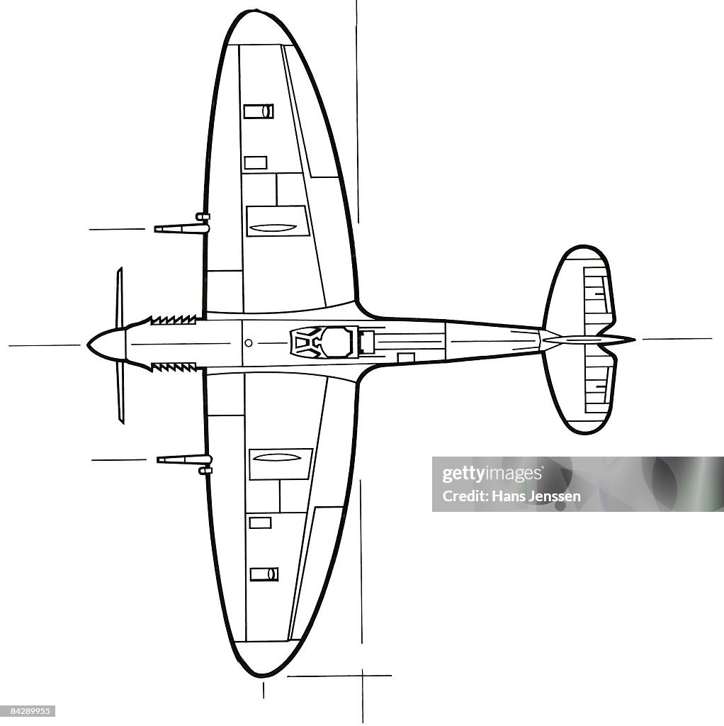 Black and white illustration of Spitfire aeroplane