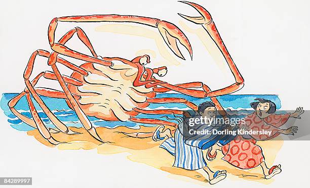 cartoon of japanese spider crab (macrocheira kaempferi), chasing man and woman on beach as it rears up behind them - 走る　日本人点のイラスト素材／クリップアート素材／マンガ素材／アイコン素材