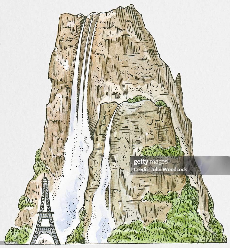 Illustration of Venezuela's Angel Falls and Cuquenan Falls with Eiffel Tower used as scale comparison