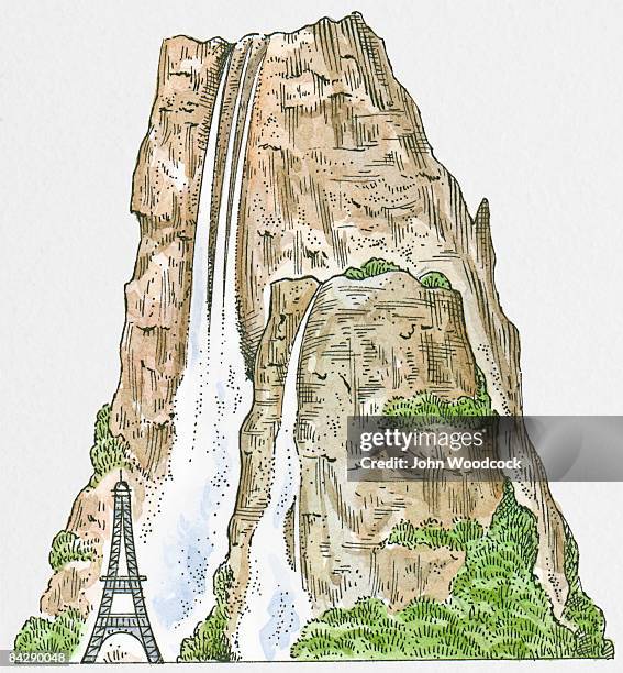 illustration of venezuela's angel falls and cuquenan falls with eiffel tower used as scale comparison - angel falls stock illustrations