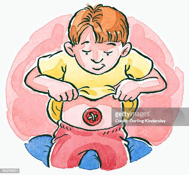 cartoon boy lifting yellow t-shirt and looking down at belly button on abdomen  - male belly button 幅插畫檔、美工圖案、卡通及圖標