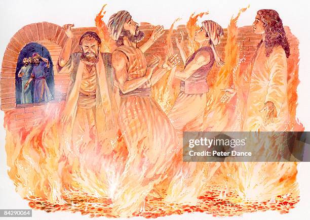 ilustrações, clipart, desenhos animados e ícones de illustration of flames surrounding shadrach, meshach, abednego and man appearing as son of the gods as they stand in burning furnace, while king nebuchadnezzar looks on in shock through arch - fornalha