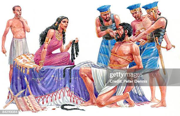 ilustrações, clipart, desenhos animados e ícones de illustration of delilah sitting on bed holding hair cut from samson who is tied up and kneeling as soldiers pull on rope - middle eastern ethnicity