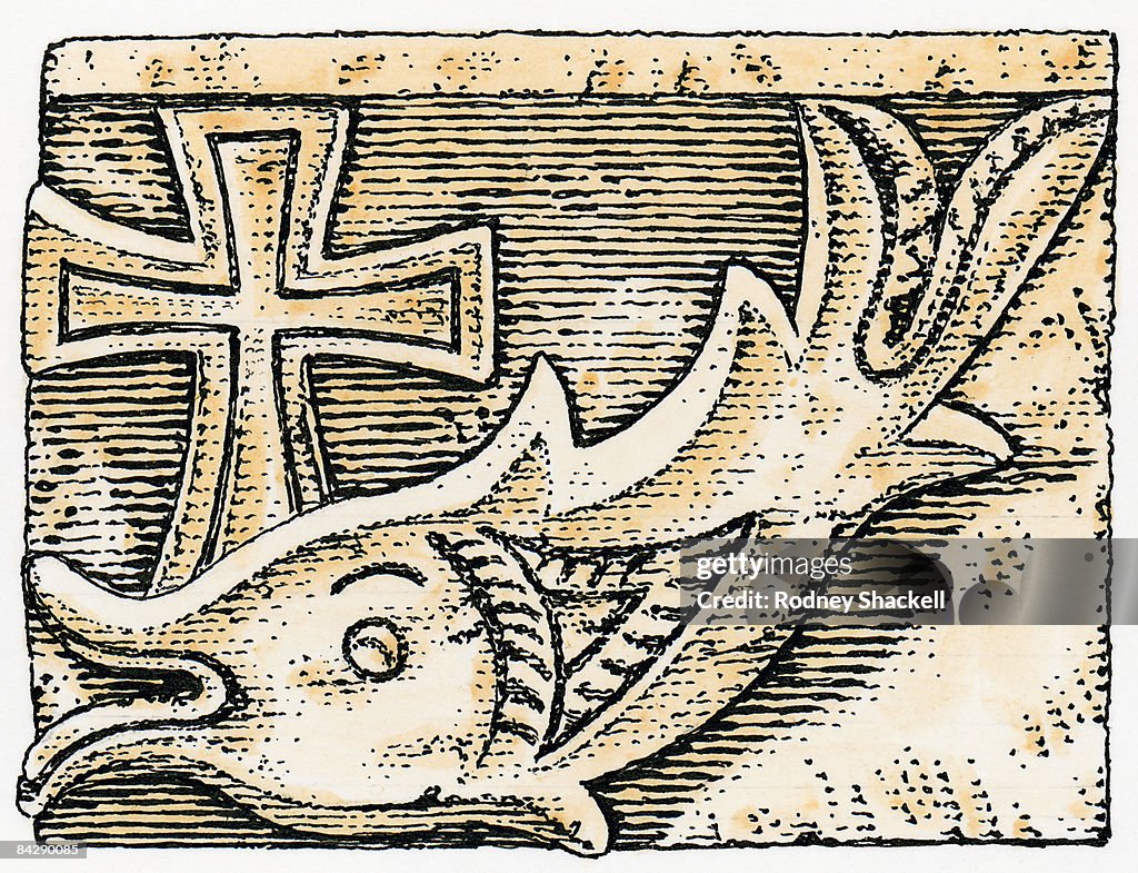 Black and white illustration of religious cross and fish
