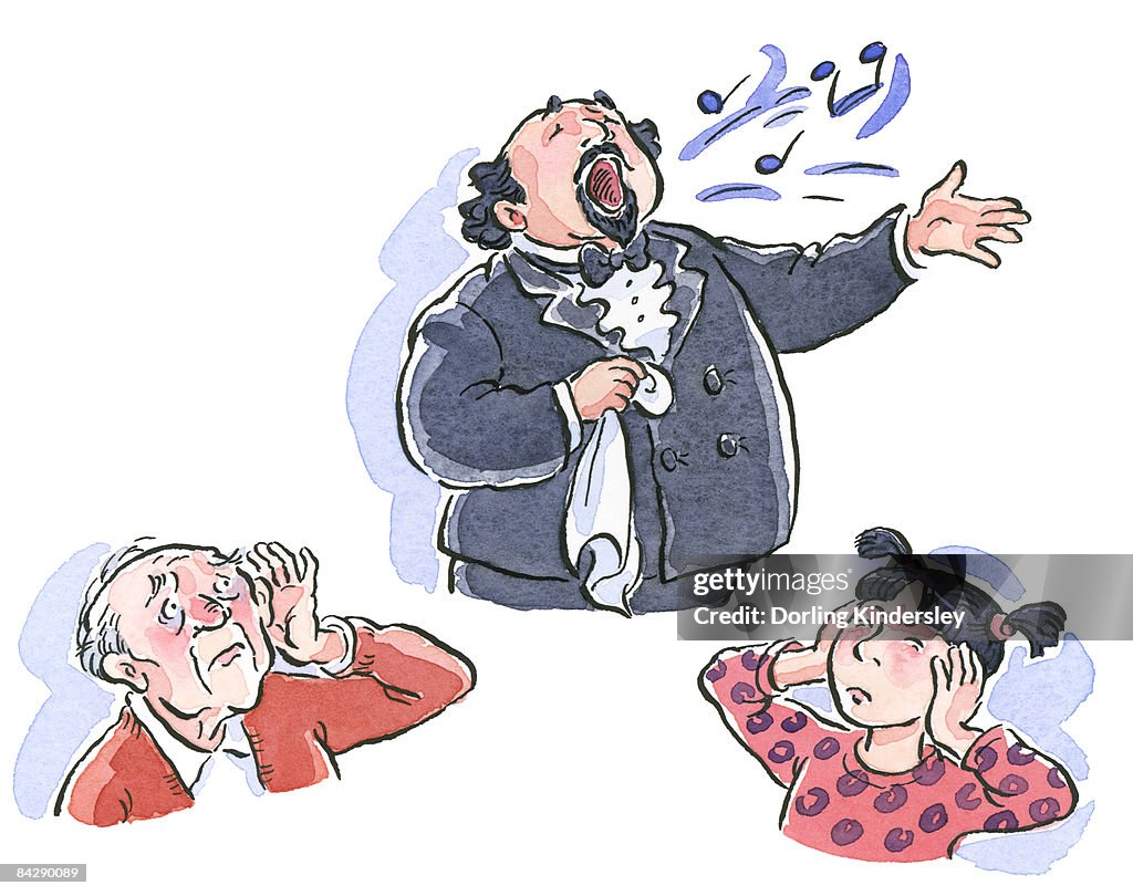 Cartoon of man singing as deaf senior man cups hand to ear to hear and girl holds hands over ears to block noise