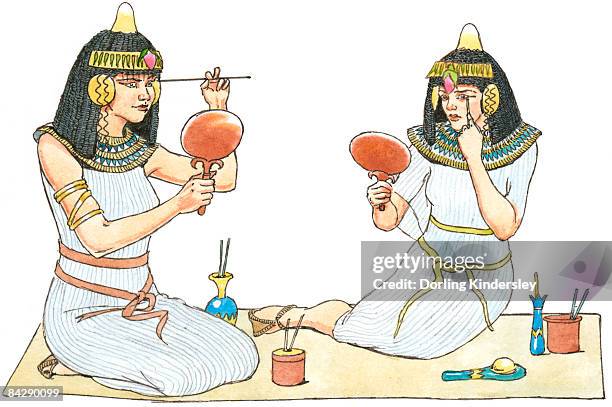 illustration of ancient egyptian women looking in mirrors to apply make-up - ancient-egyptian-culture stock illustrations