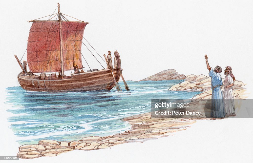 Illustration of Paul on ship leaving Cyprus as two men wave on coastline