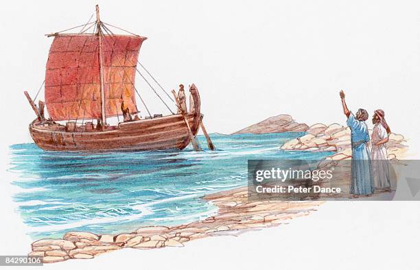 illustration of paul on ship leaving cyprus as two men wave on coastline - wave goodbye stock illustrations