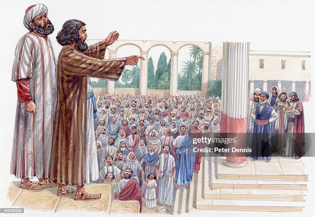 Illustration Of Barnabas Standing Behind Paul In Pisidian Antioch Synagogue  Preaching To Crowd Below High-Res Vector Graphic - Getty Images