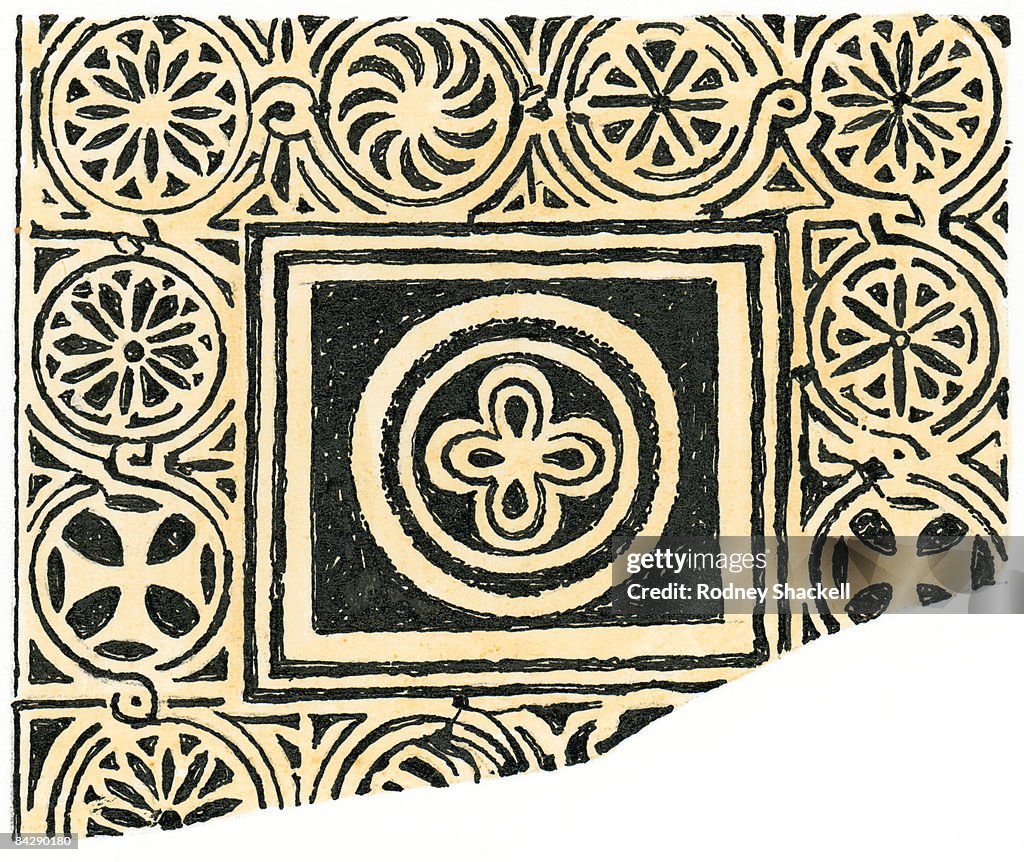 Black and white illustration of rectangle of patterns within circles including religious cross damaged at edge