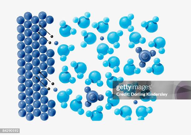 illustration of copper pipe anode, showing how positive terminal on battery draws electrons from anode oxidising copper atoms to copper cations - copper pipe white background stock illustrations