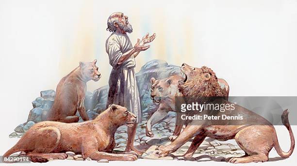 ilustrações de stock, clip art, desenhos animados e ícones de illustration of hebrew prophet daniel praying surrounded by four tame lions - louvar religião