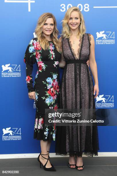 Michelle Pfeiffer and Jennifer Lawrence attend the press conference and photo call for mother! during the 74th Venice Film Festival at Casino...