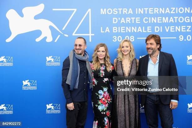 Darren Aronofsky, Michelle Pfeiffer, Jennifer Lawrence and Javier Bardem attend the 'Mother!' photocall during the 74th Venice Film Festival on...