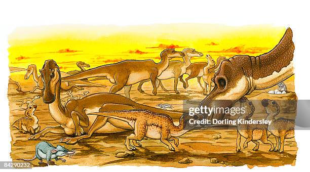 illustration of herd of adult and young hypsilophodon dinosaurs, with prehistoric rats scavenging for eggs on ground and in nest - rats nest stock illustrations