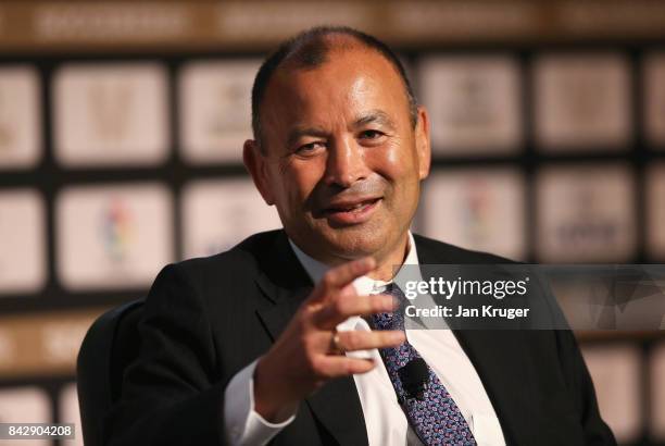 Eddie Jones, England Rugby Union Head Coach talks during day 2 of the Soccerex Global Convention at Manchester Central Convention Complex on...