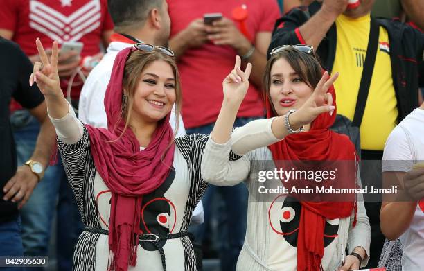 Fans of Syria show their support during FIFA 2018 World Cup Qualifier match between Iran and Syria on September 5, 2017 in Tehran, Iran.