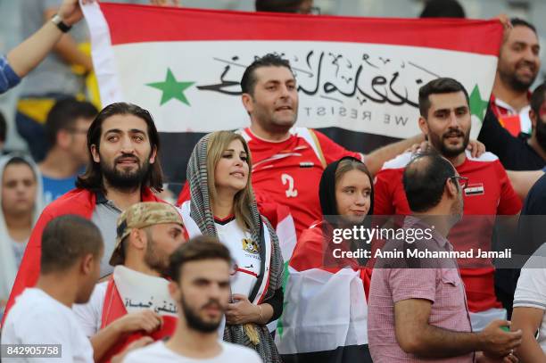 Fans of Syria show their support during FIFA 2018 World Cup Qualifier match between Iran and Syria on September 5, 2017 in Tehran, Iran.