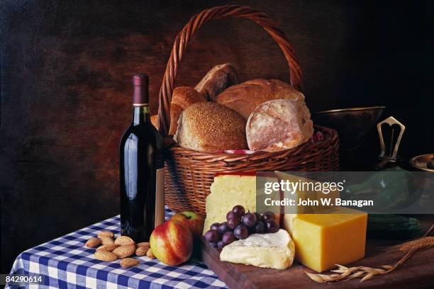 food and wine still life - wine basket stock pictures, royalty-free photos & images