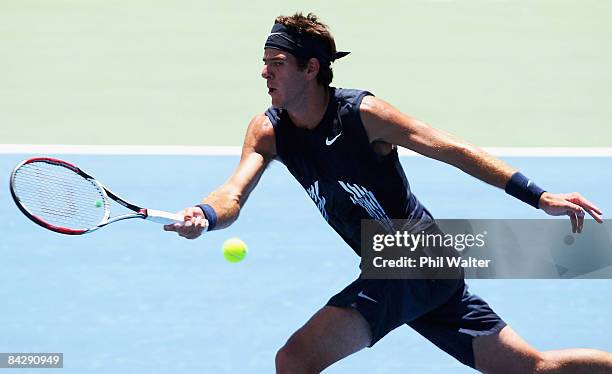 Juan Martin Del Potro of Argentina plays a forehand return back to Viktor Troicki or Serbia during day four of the Heineken Open at ASB Tennis Centre...